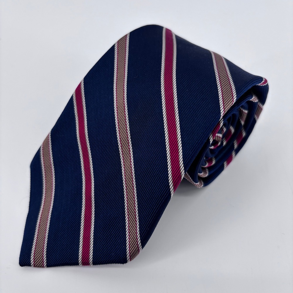 Yves Saint Laurent Vintage Striped Silk Tie Mens Skinny Navy Burgundy Gold Repp